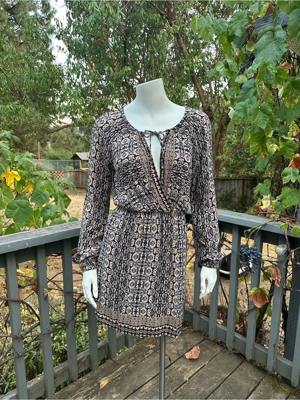Copa Printed Mini Dress Small Boho Long Sleeve Deep V (G-1783)